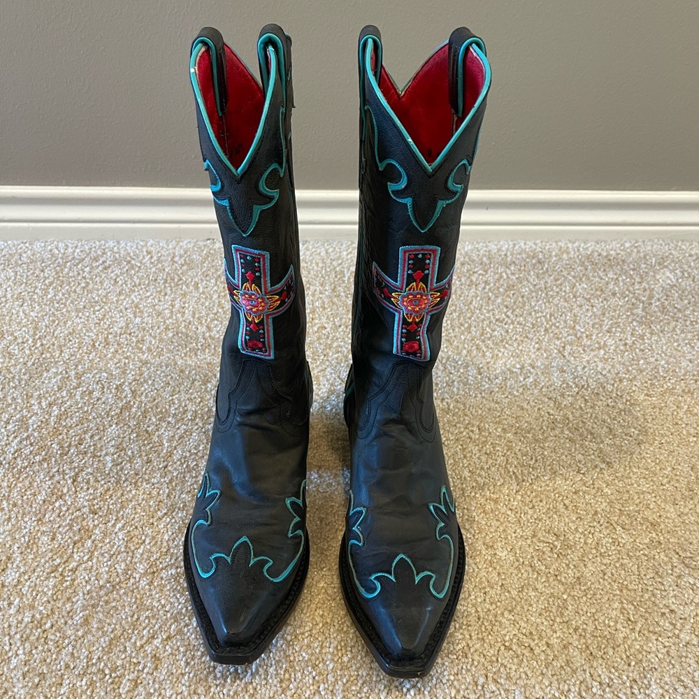 Macie Bean Black and Turquoise Heeled Boots, Size 7M